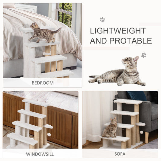 4 Levels Cat Steps with Scratching Posts for High Bed, Sofa, White
