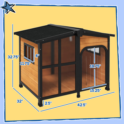 Cabin-Style Wooden Dog House for Large Dogs with Openable Roof & Giant Window, Yellow