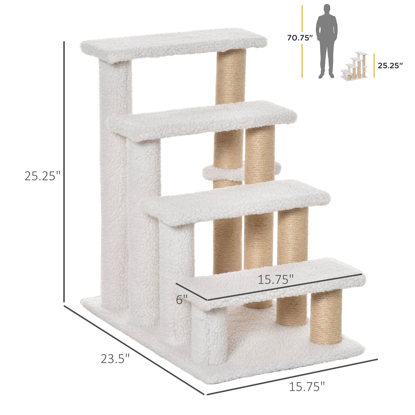 4 Levels Cat Steps with Scratching Posts for High Bed, Sofa, White